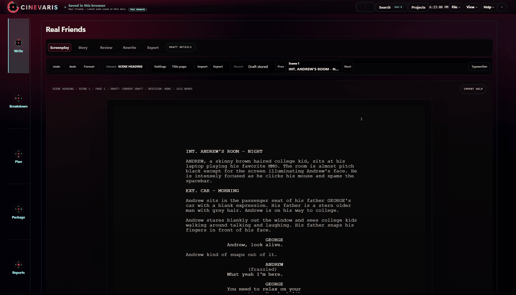Actual Cinevaris Write workspace screenshot